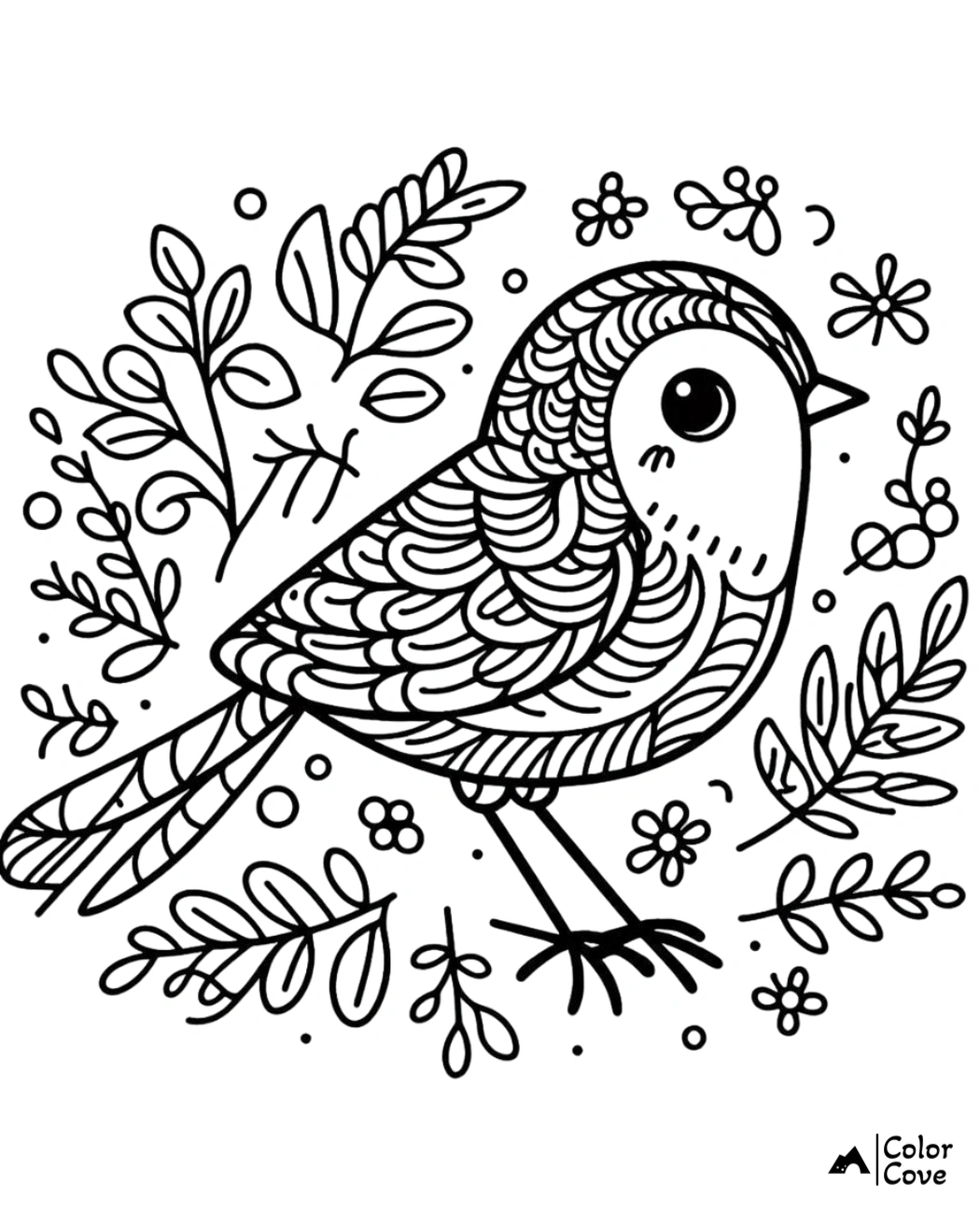 Bird coloring page with intricate patterns and surrounding leaves and flowers. Easy print and color for kids and adults.