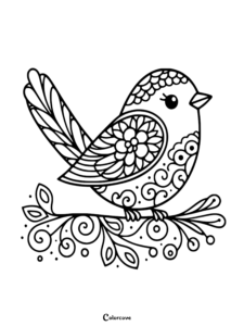 A cute bird with intricate floral and swirl patterns on its wings and body, perched on a decorative branch, presented as a black and white coloring page.
