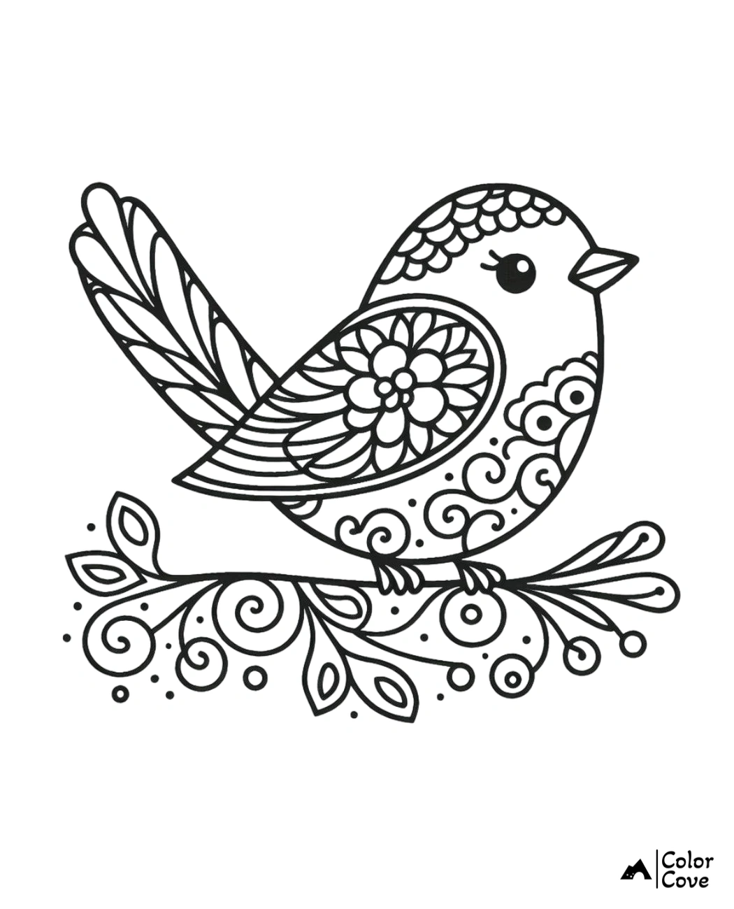 Intricate bird coloring page with detailed patterns, featuring a perched bird on decorative branches. Suitable for all ages.