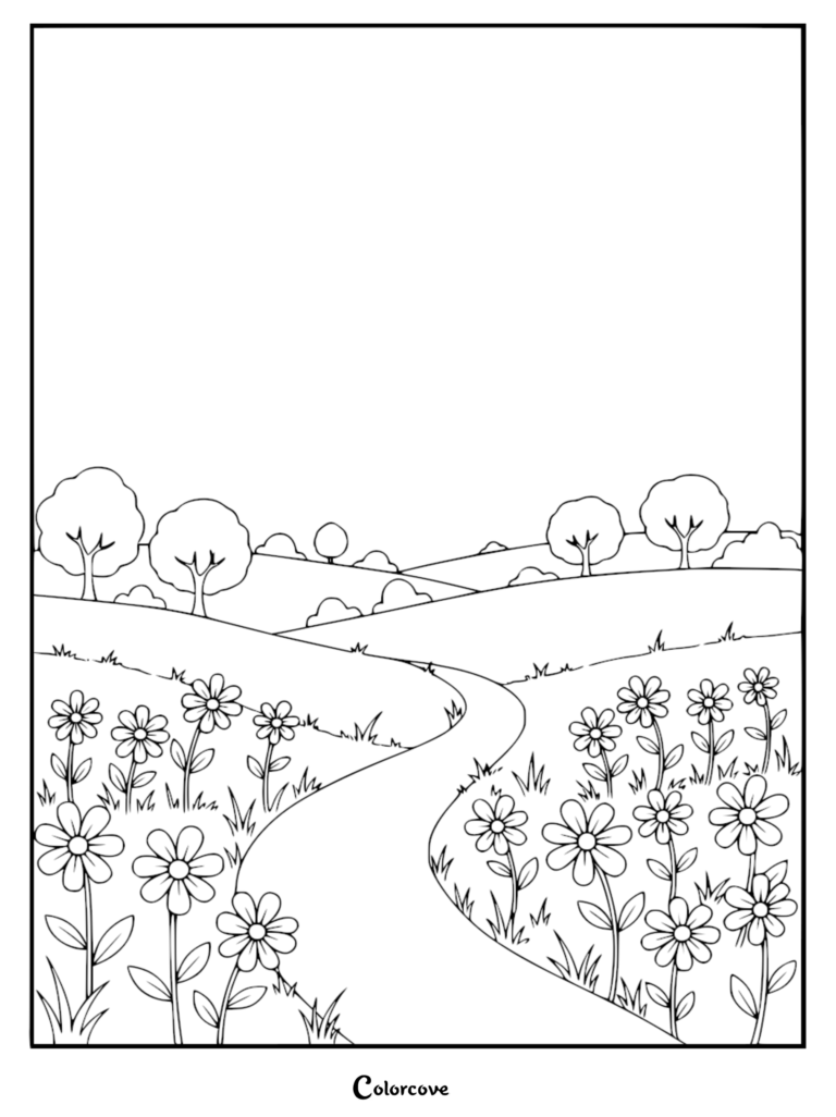 A calming countryside coloring page featuring a winding path through a meadow filled with daisies, rolling hills, and distant trees.