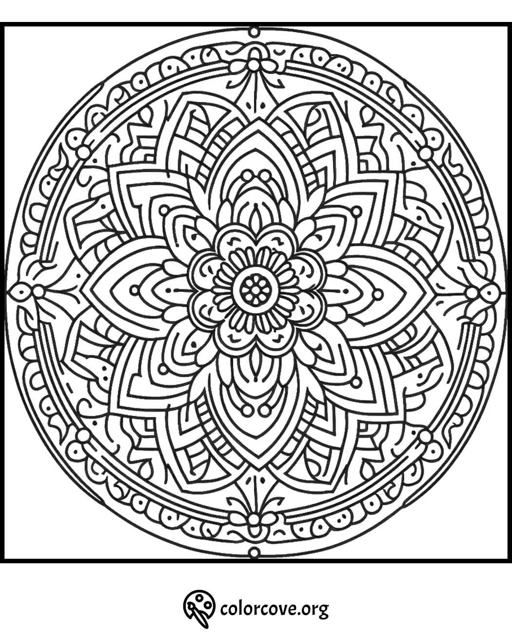 Intricate mandala coloring page with geometric floral patterns, designed for relaxation and mindfulness.