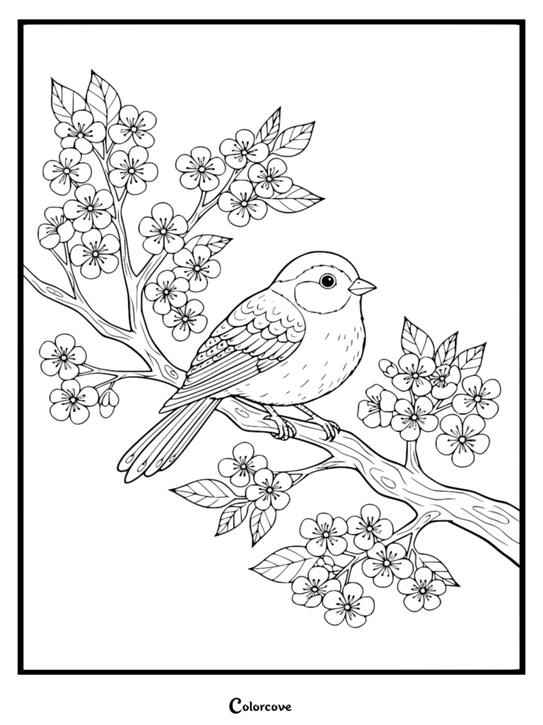 A detailed coloring page featuring a small songbird perched on a flowering cherry blossom branch with delicate petals and leaves.