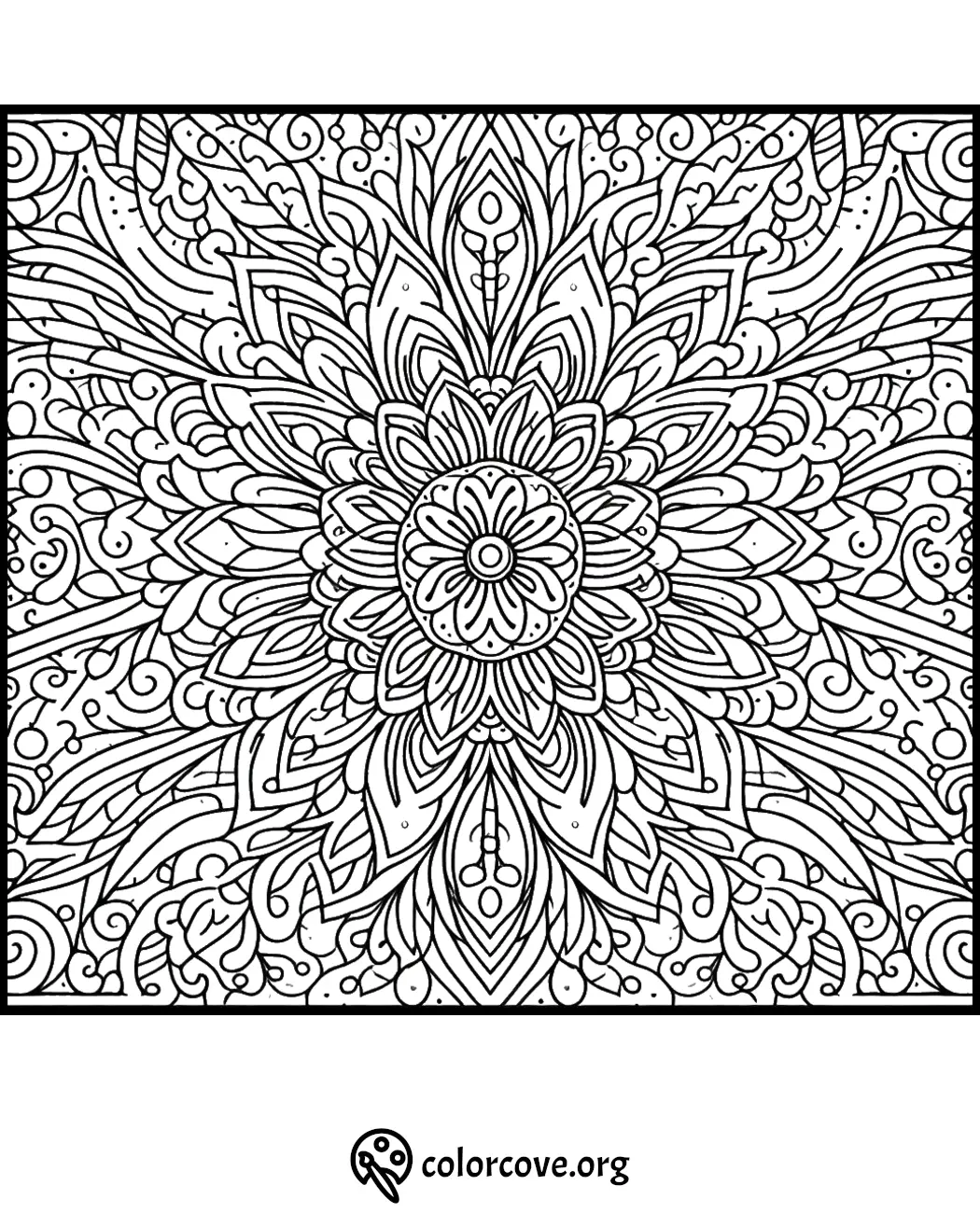 Intricate mandala design for coloring, featuring detailed floral and geometric patterns. Perfect for relaxation and creativity.