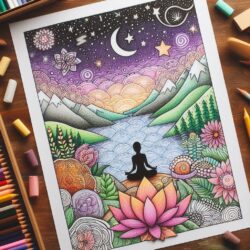 Coloring page featuring a serene landscape with mountains, flowers, and a meditating figure, surrounded by colored pencils.