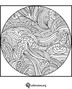 Intricate mandala coloring page with abstract floral and wave patterns for relaxation and creativity from colorcove.org.
