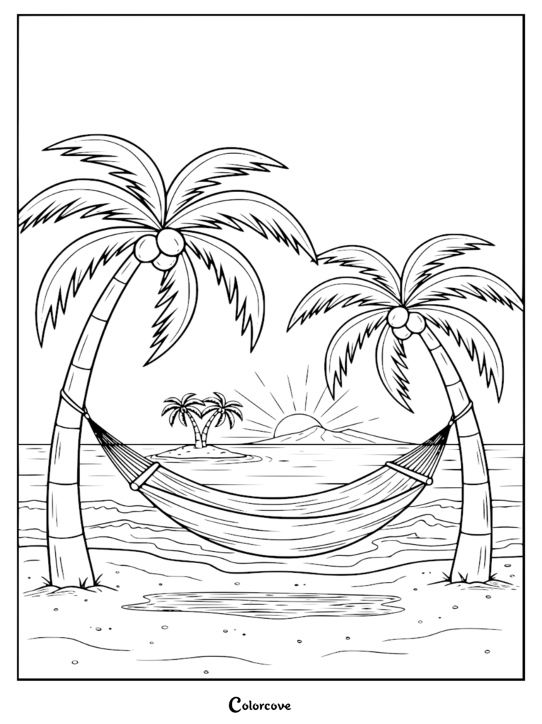 A relaxing tropical beach coloring page featuring an empty hammock strung between two palm trees with a distant island and sunset in the background.