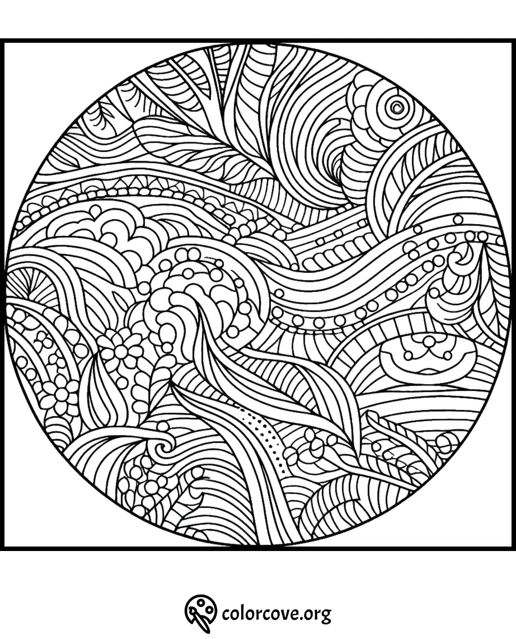 Intricate mandala coloring page with abstract floral and wave patterns for relaxation and creativity from colorcove.org.