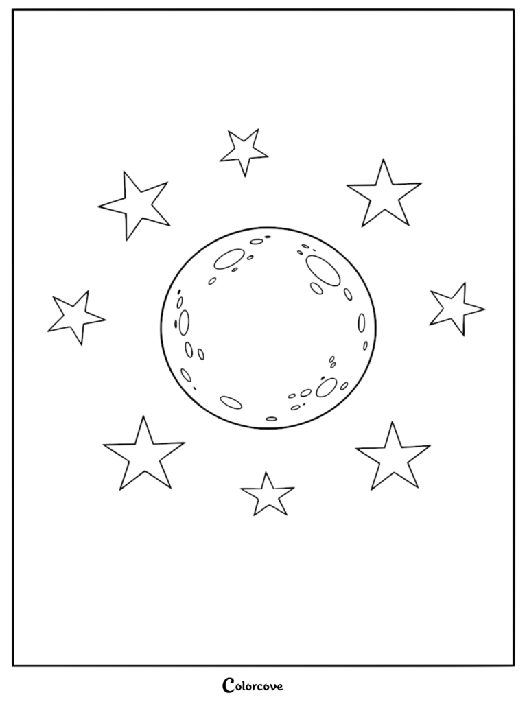A simple coloring page featuring a cratered full moon surrounded by a circular arrangement of seven five-pointed stars.