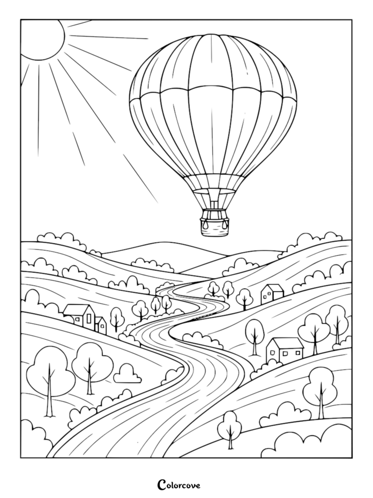 A calming coloring page featuring a hot air balloon floating over a winding river through a peaceful countryside with rolling hills, trees, and small houses under a bright sun.