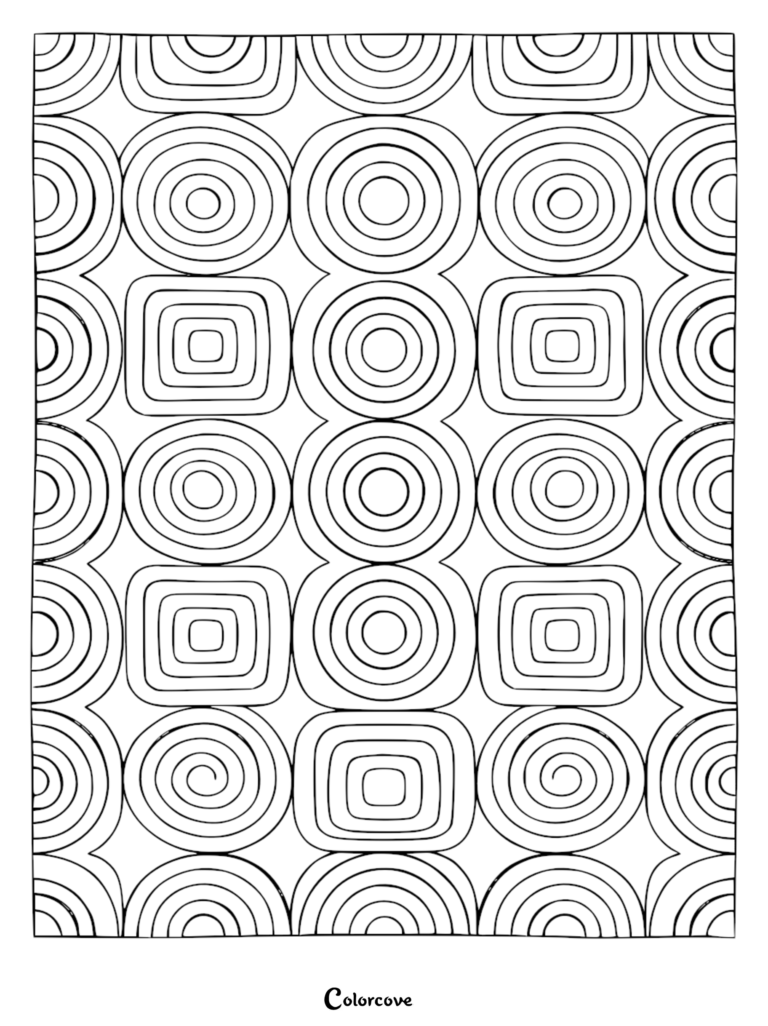 A calming geometric coloring page featuring a repeating grid of concentric circles and rounded squares.