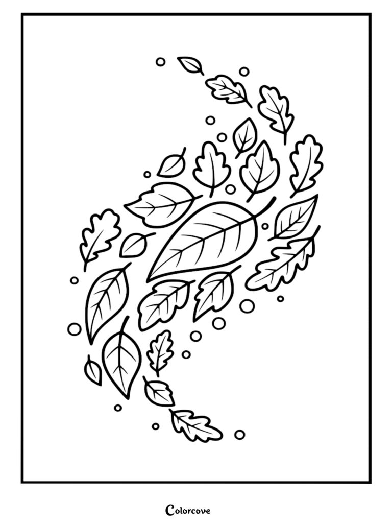 A calming coloring page featuring a swirling arrangement of various oak and maple leaves with small floating circles.