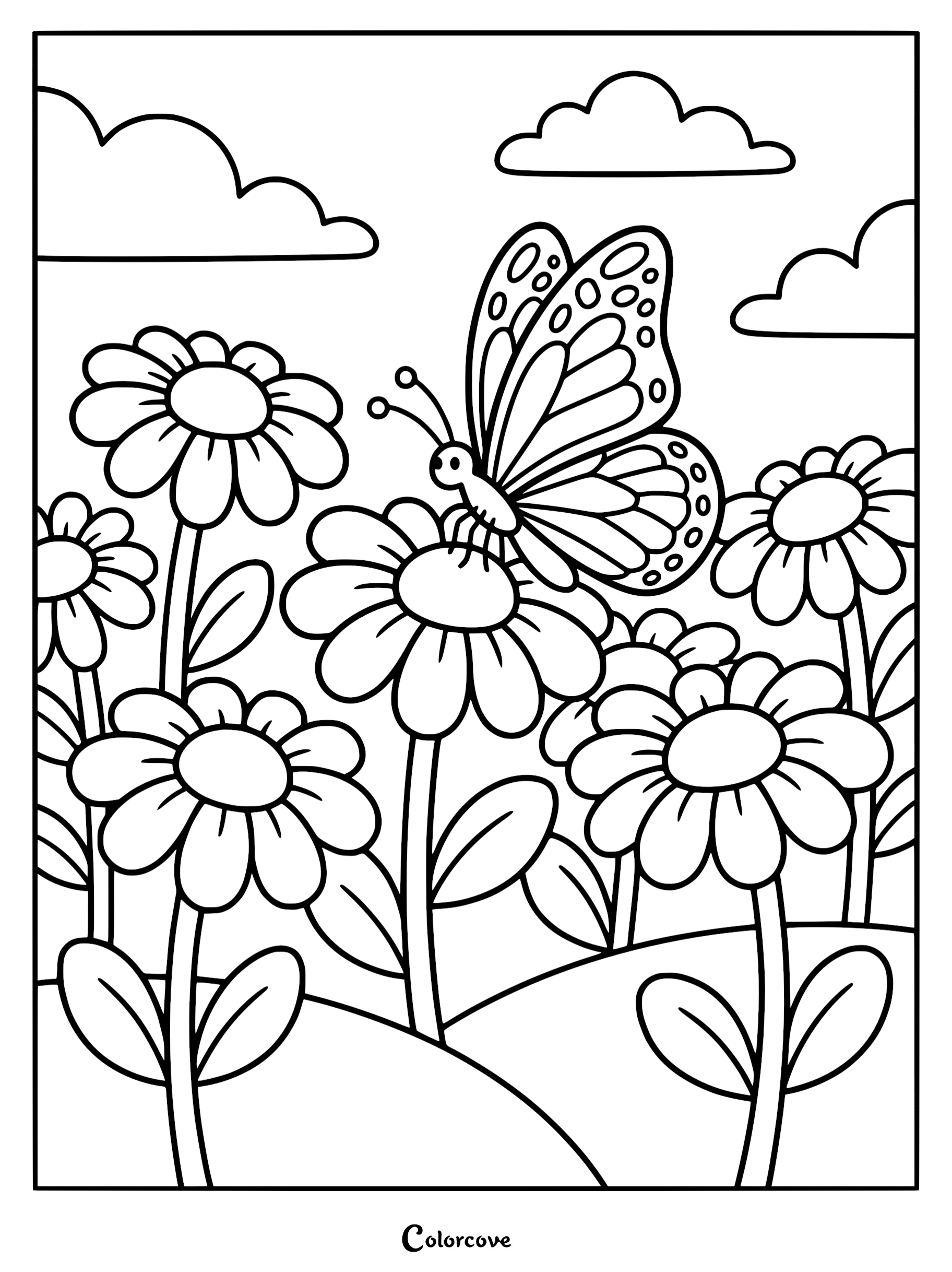 A calming coloring page featuring a butterfly resting on a daisy in a field of flowers under fluffy clouds.