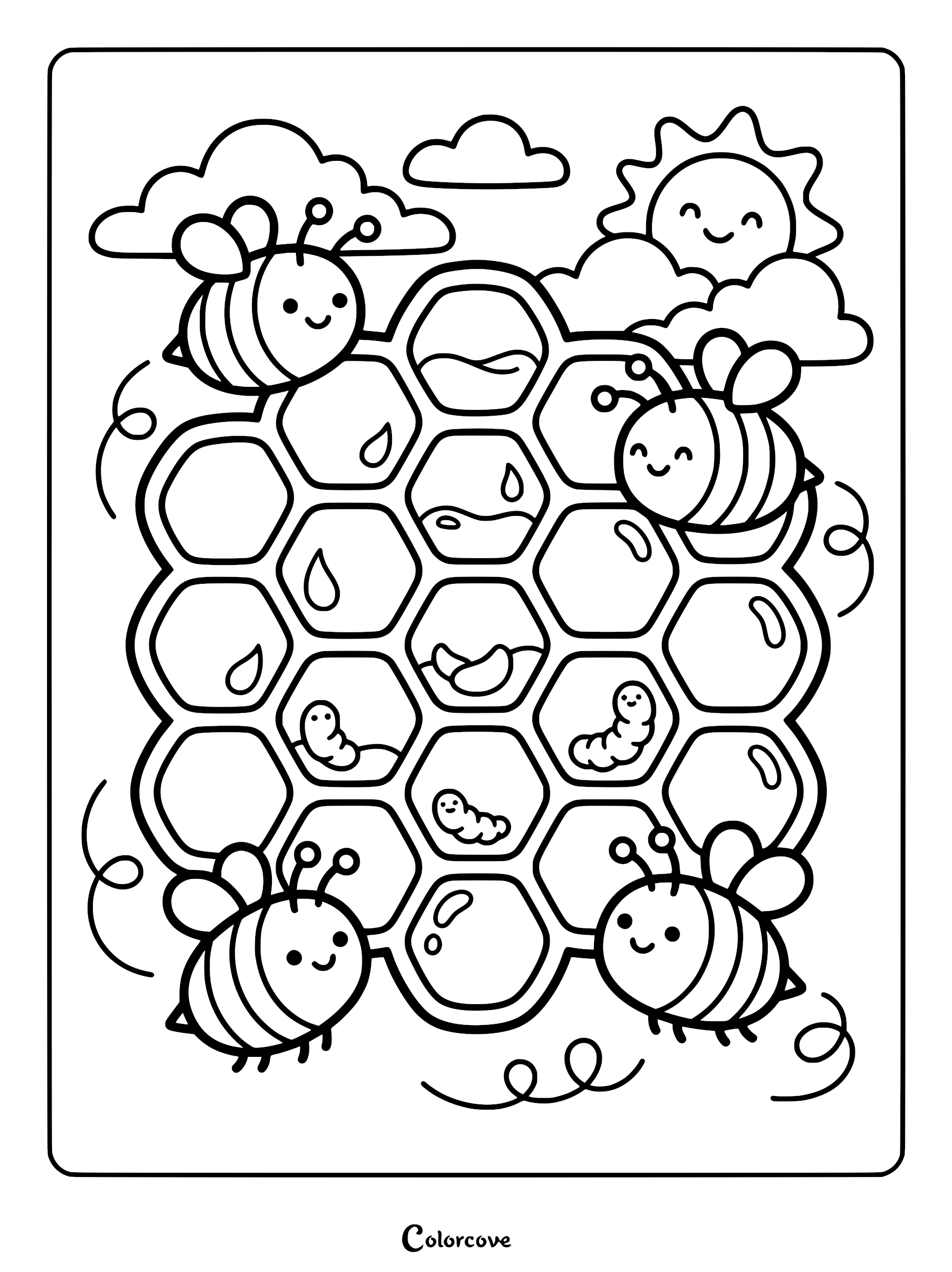 A calming coloring page featuring four cute cartoon bees flying around a honeycomb filled with honey and small larvae under a smiling sun and fluffy clouds.