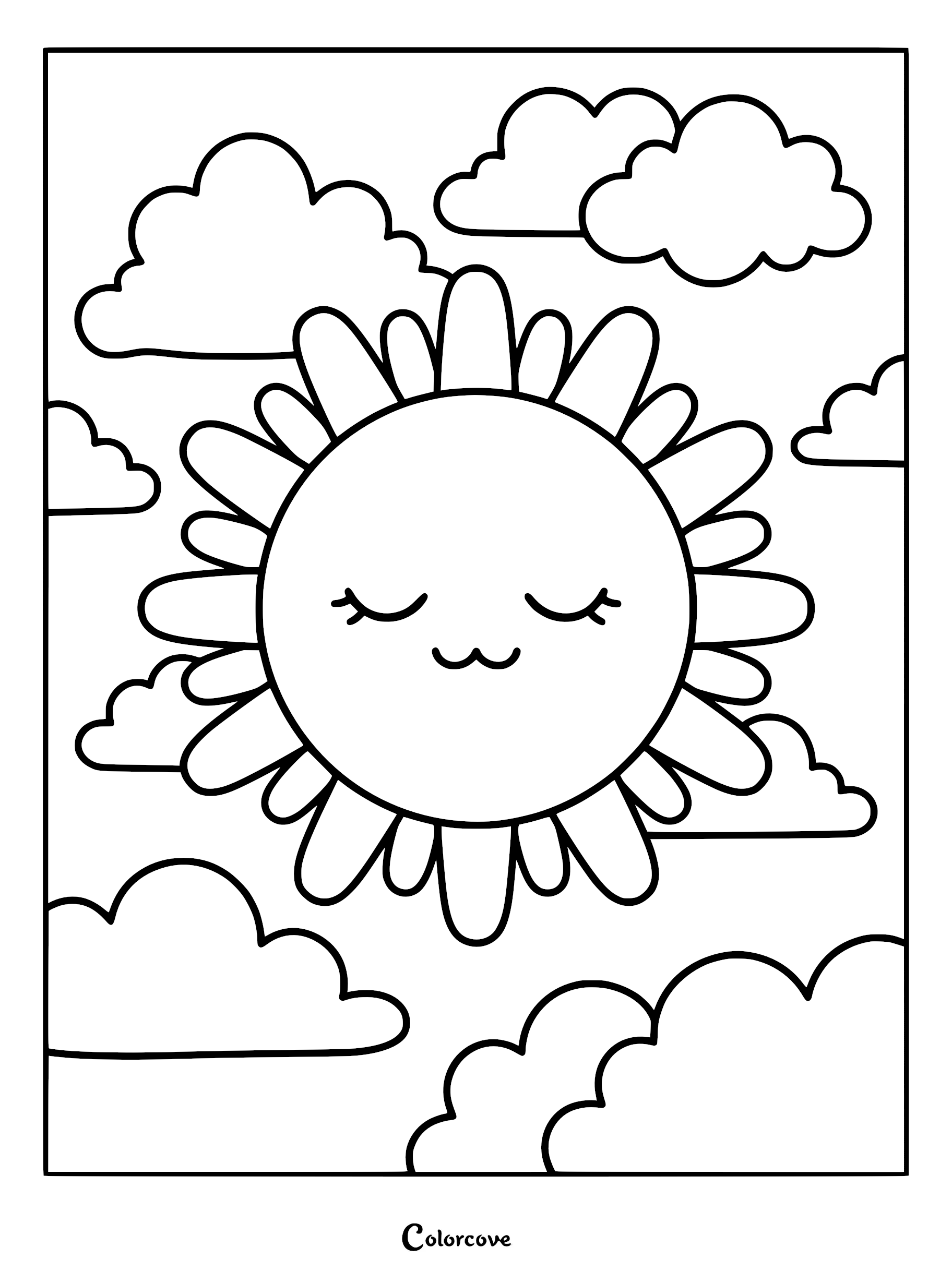A cute kawaii sun with a peaceful smiling face and closed eyes surrounded by fluffy clouds in a simple coloring page.