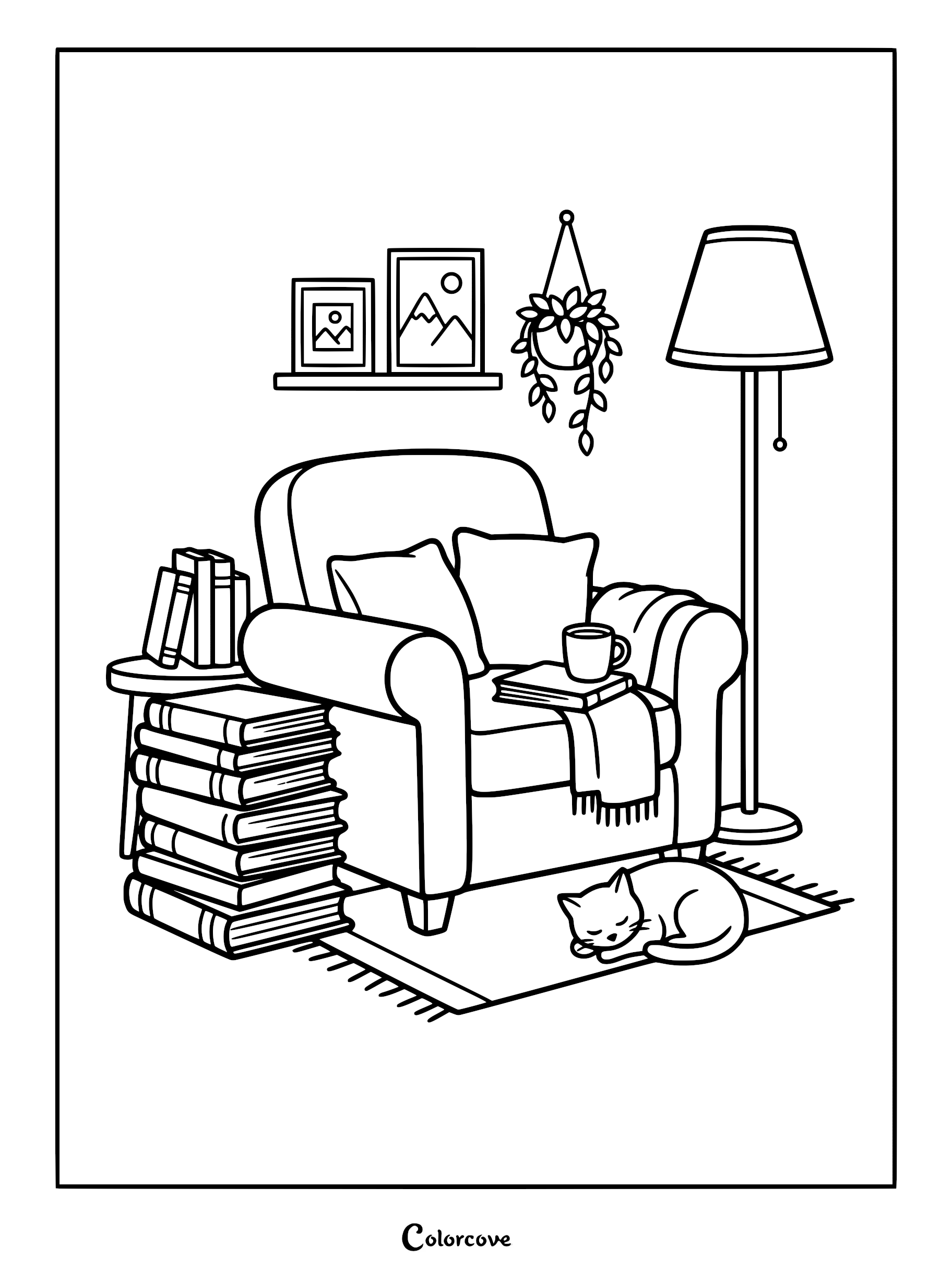 A calming coloring page featuring a plush armchair with a stack of books, a coffee mug, a floor lamp, and a sleeping cat on a rug.