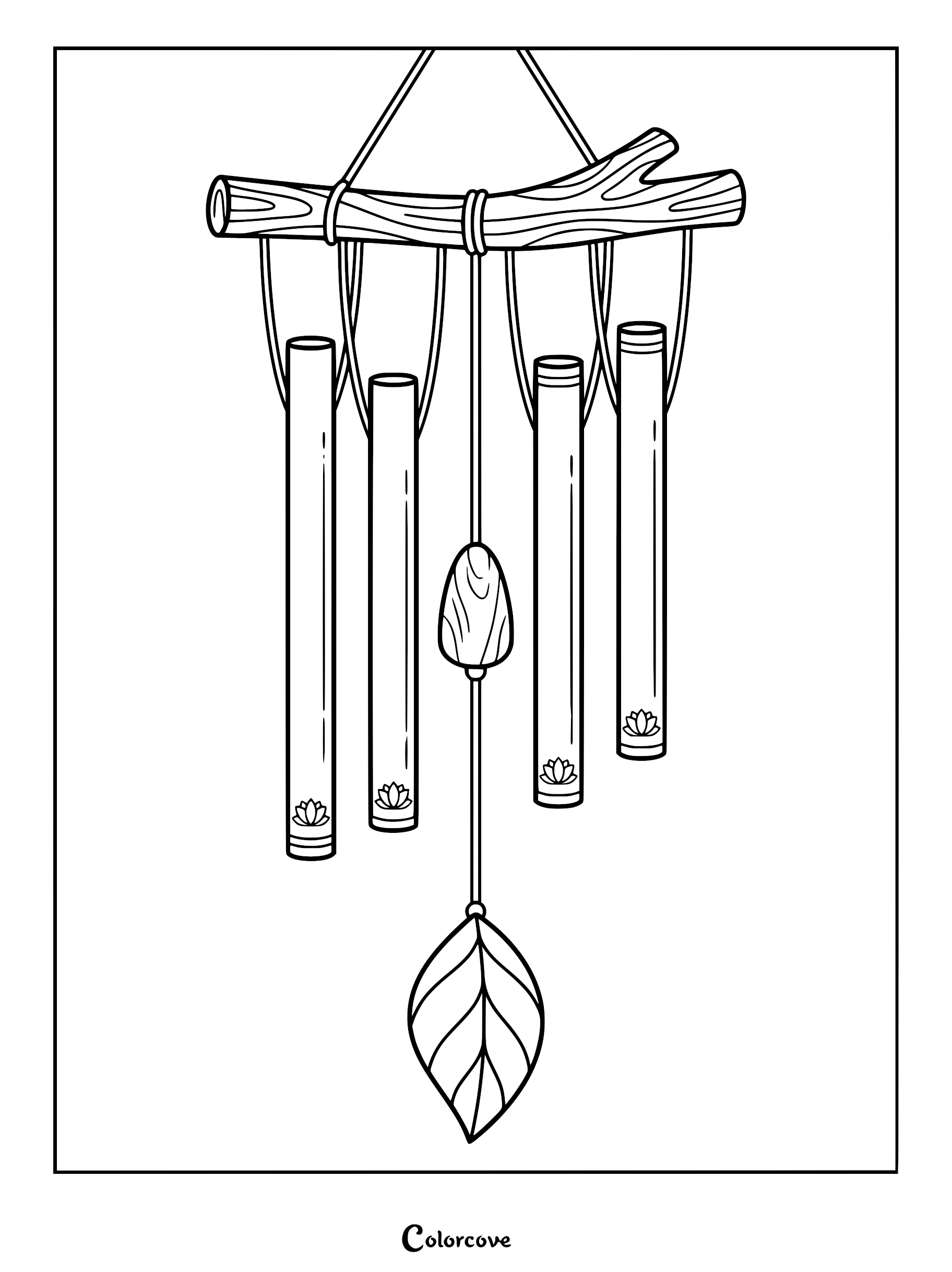 A calming bamboo wind chime coloring page featuring four hollow tubes, a central wooden bead, and a leaf-shaped wind catcher hanging from a textured branch.