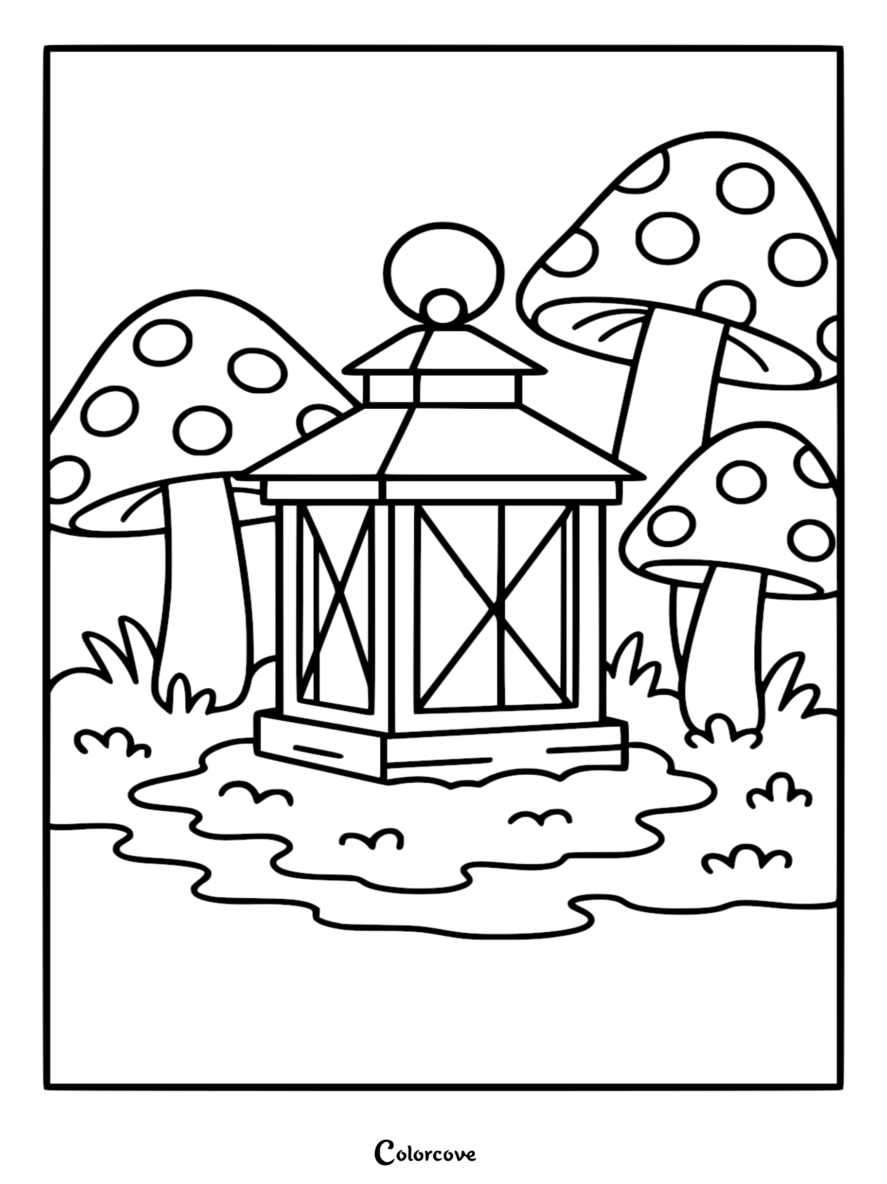 A calming coloring page featuring a vintage lantern sitting on the forest floor surrounded by three spotted toadstool mushrooms.