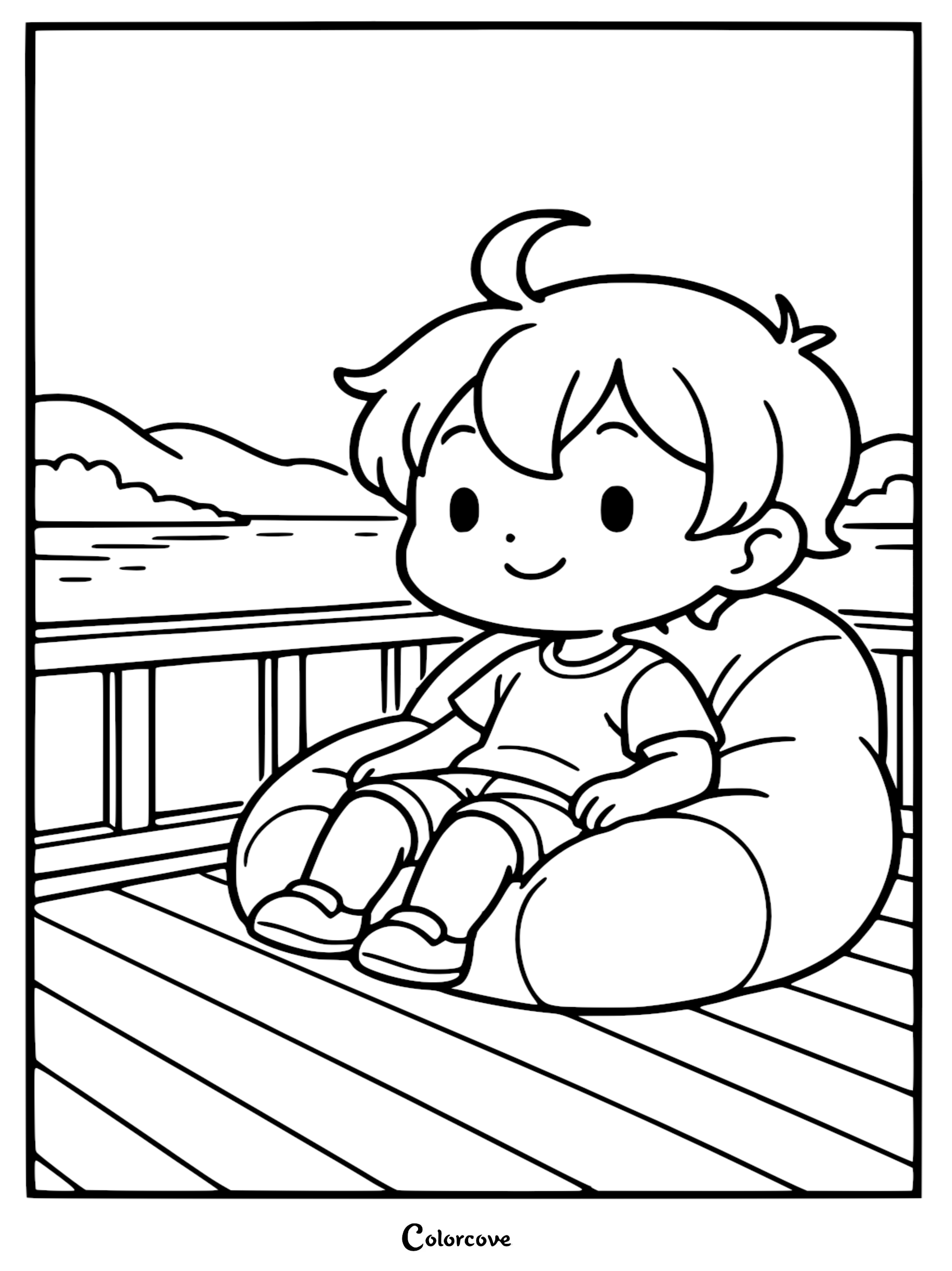 A cute chibi boy sitting on a beanbag chair on a wooden deck overlooking a calm lake, coloring page style line art.