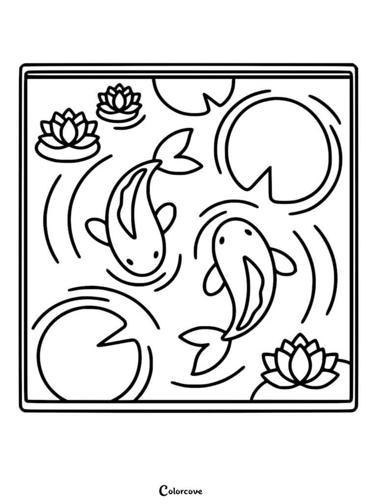 A calming coloring page featuring two koi fish swimming among lily pads and water lilies in a square pond.