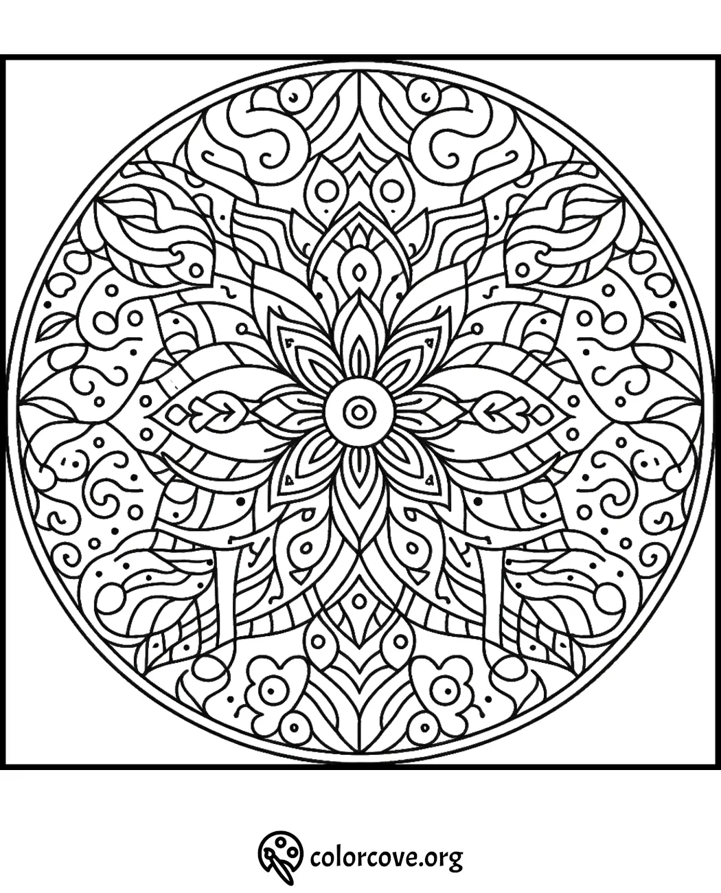 Detailed mandala coloring page with intricate patterns and floral designs, perfect for relaxation and creativity.