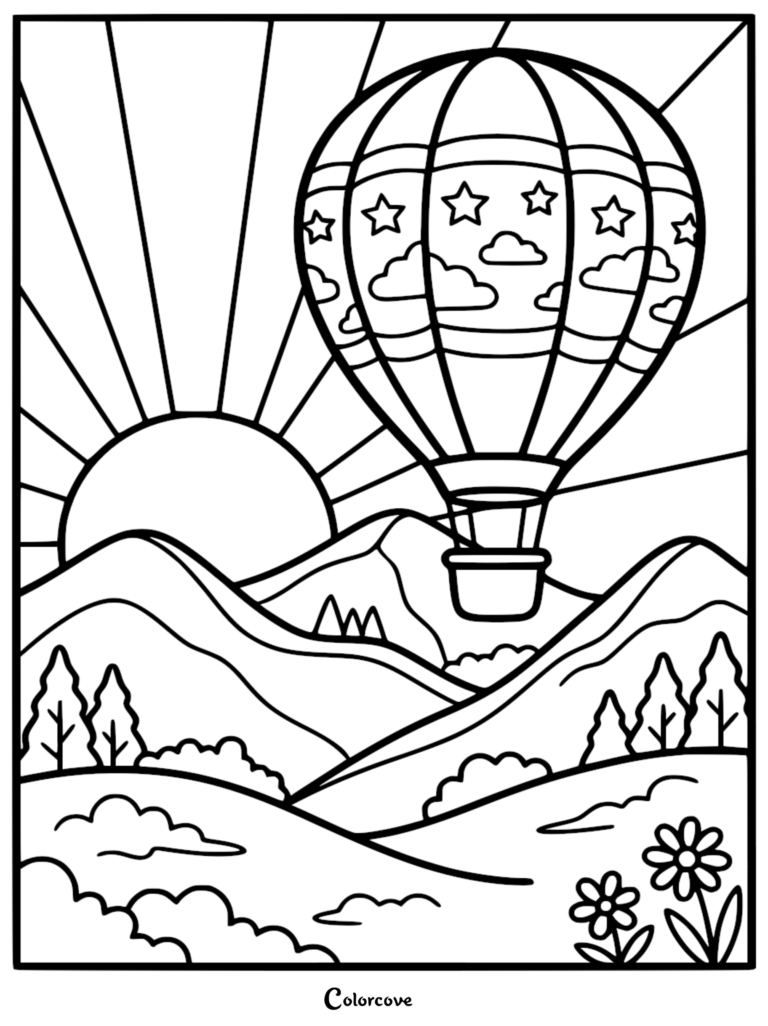 A calming coloring page featuring a hot air balloon decorated with stars and clouds floating over a mountain range at sunrise with flowers in the foreground.