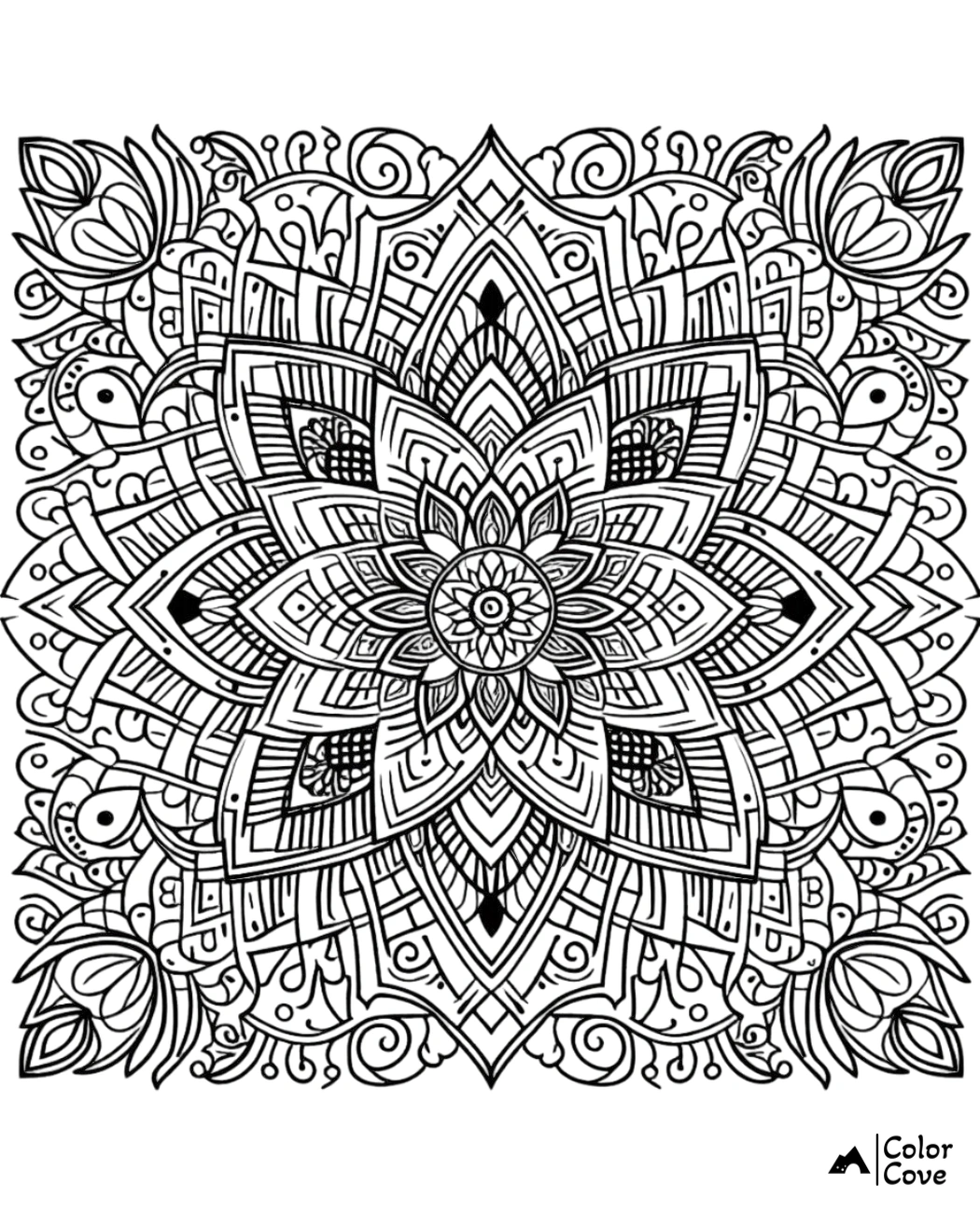 Mandala-inspired intricate coloring page with detailed floral and geometric patterns for stress relief and relaxation.