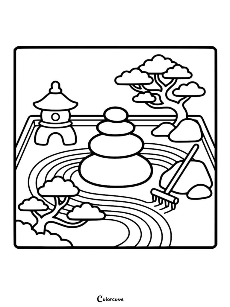 A calming Zen garden coloring page featuring a stone pagoda, a stack of balanced rocks, two bonsai trees, and a wooden rake in raked sand.