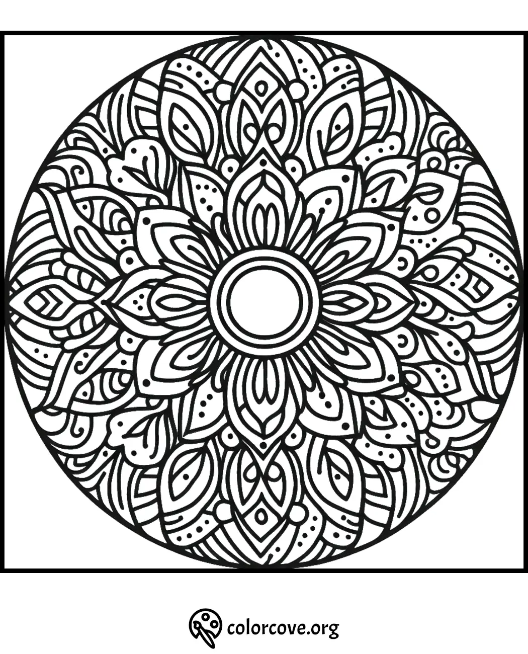 Intricate mandala coloring page with floral and geometric patterns for stress relief and relaxation. Visit colorcove.org.