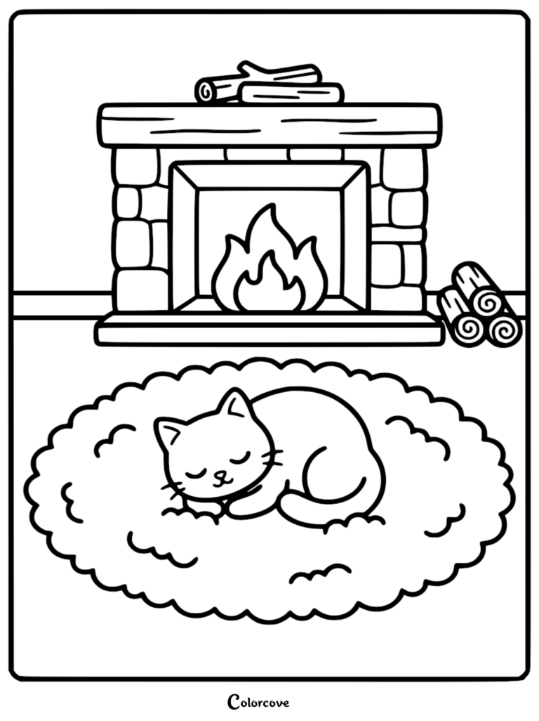 A calming coloring page featuring a cute kitten sleeping curled up on a fluffy round rug in front of a stone fireplace with a crackling fire and stacked firewood.