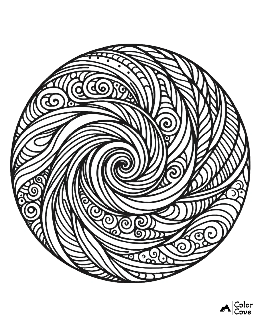 Intricate spiral mandala coloring page with abstract swirling patterns for relaxation and creativity, Color Cove series.