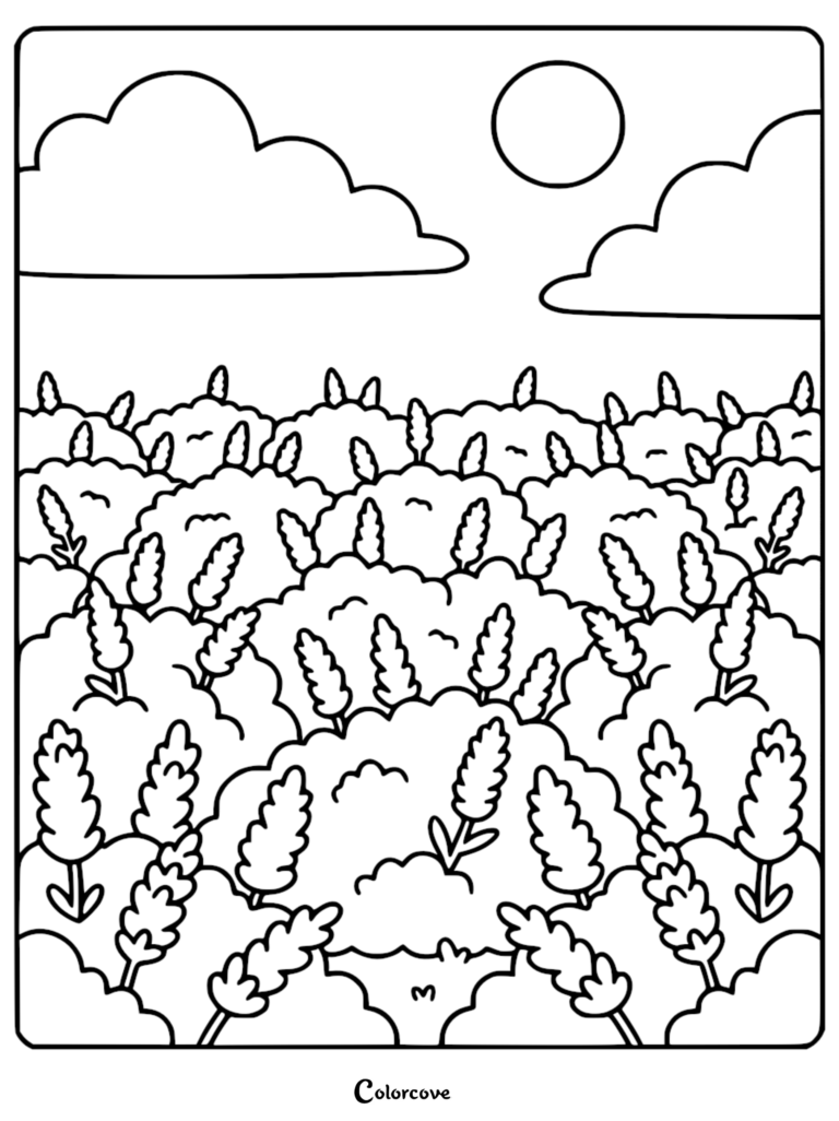 A calming coloring page featuring rows of lavender plants under a sunny sky with fluffy clouds.