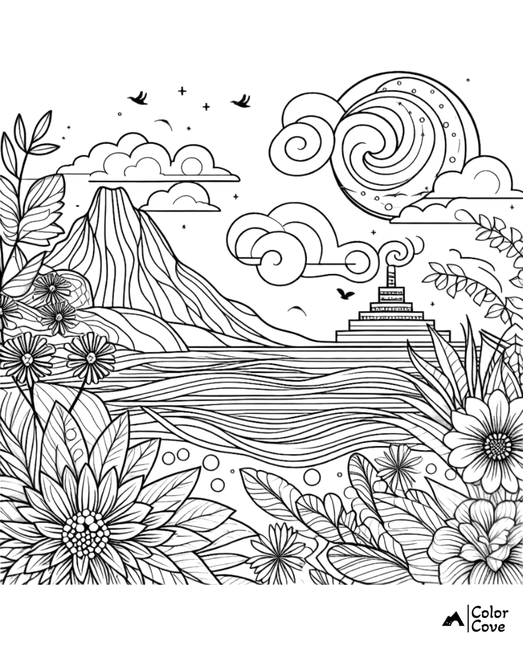 Coloring page with a scenic landscape, featuring mountains, clouds, flowers, and a serene body of water, ready to color.