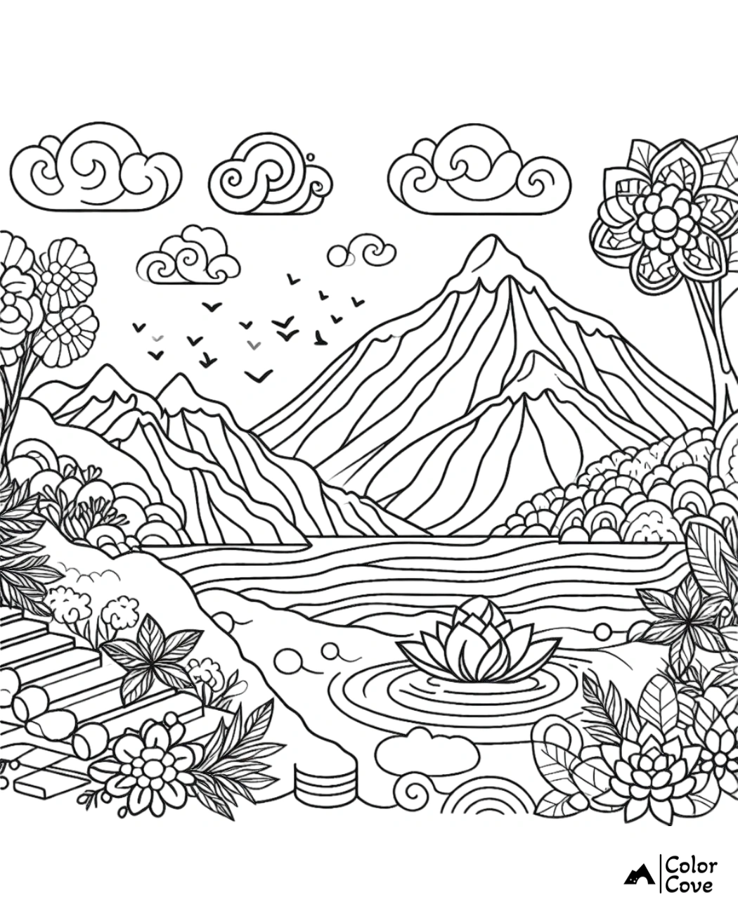 Coloring page featuring a serene mountain landscape with intricate patterns, clouds, birds, flowers, and a lotus in a pond.