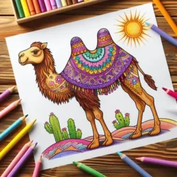 Coloring page of a decorated camel with vibrant patterns, surrounded by cacti, pencils, and a sunny background.