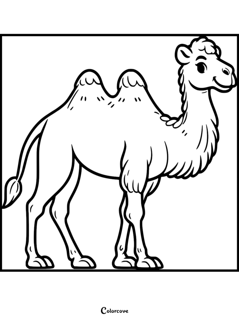 A cute two-humped camel standing in profile, featured on a free printable coloring page.