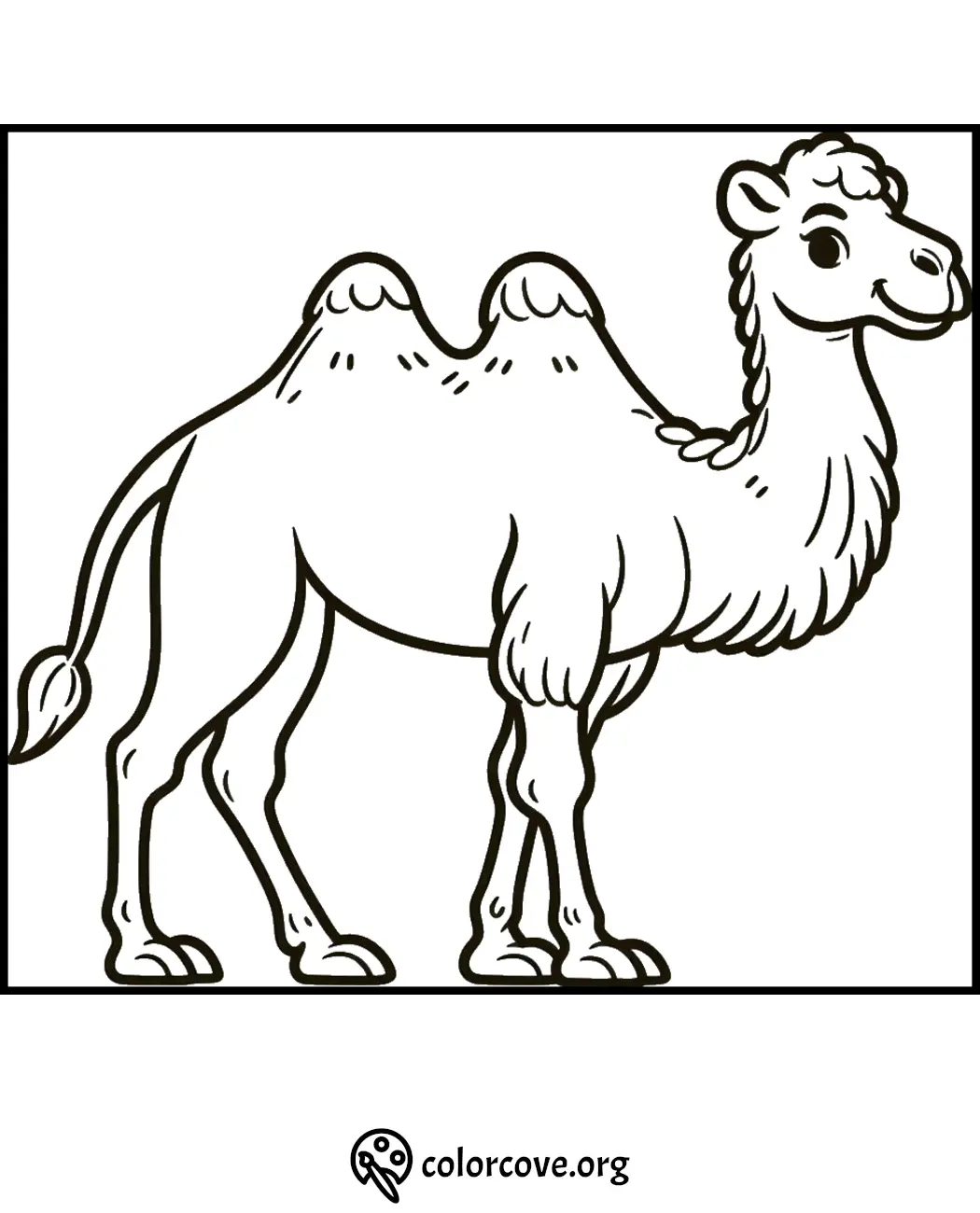 Camel coloring page for kids to print and color. Fun wildlife activity featuring a cute two-humped camel.