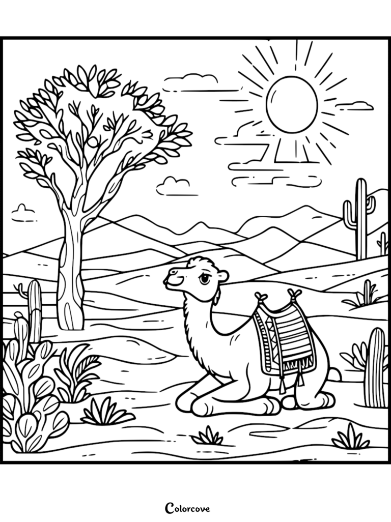 A cute camel resting in a desert landscape with cacti, a large tree, and a bright sun in this free printable coloring page.