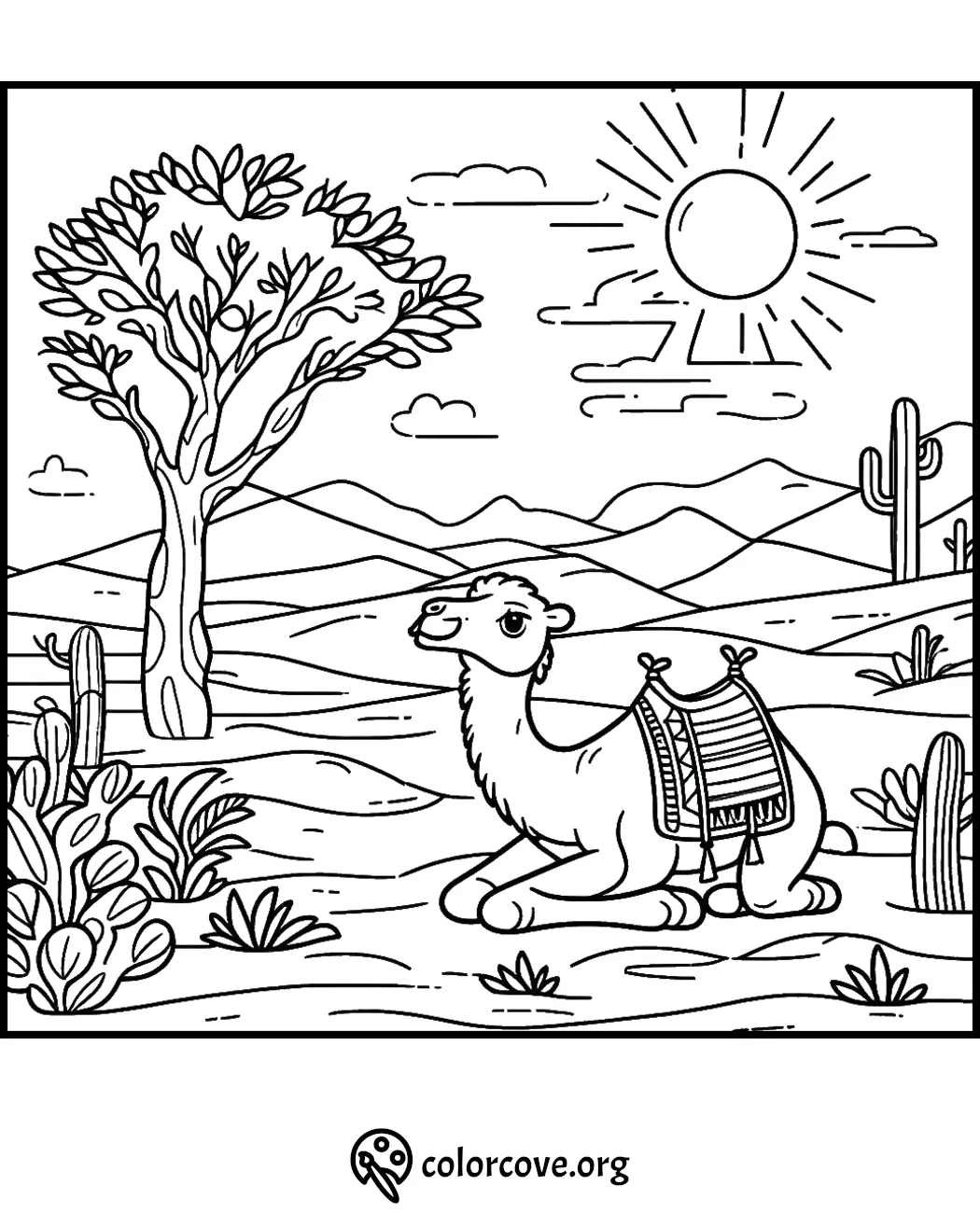 Camel in desert landscape with sun and cacti coloring page for kids. Perfect for educational and recreational activities.