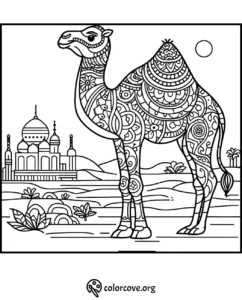 Detailed camel coloring page with intricate patterns, mosque in the background, desert scenery. Great for relaxation.