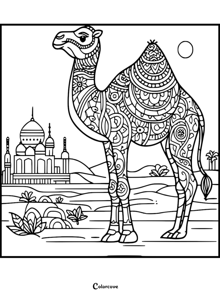 Intricate zentangle style camel coloring page featuring a patterned camel standing in front of a desert palace.