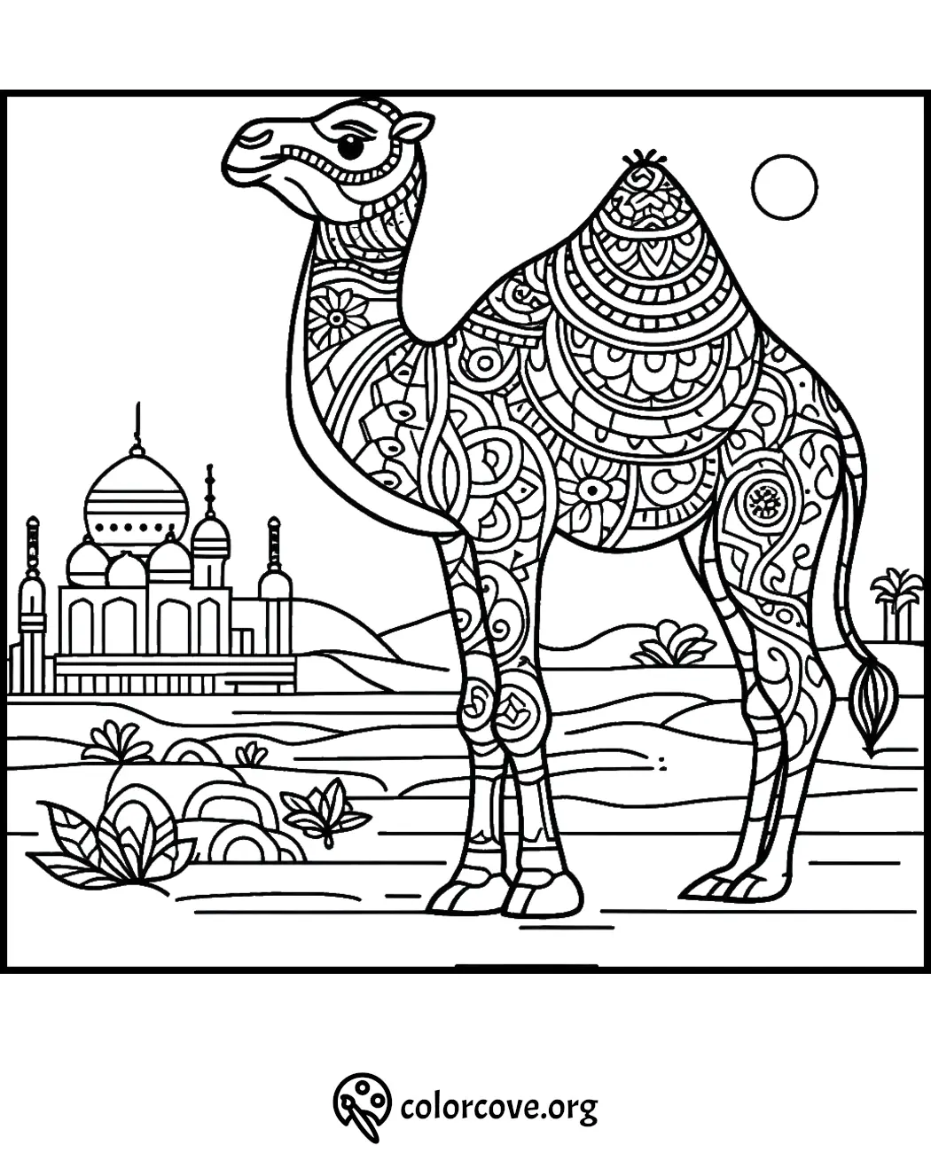 Detailed camel coloring page with intricate patterns, mosque in the background, desert scenery. Great for relaxation.