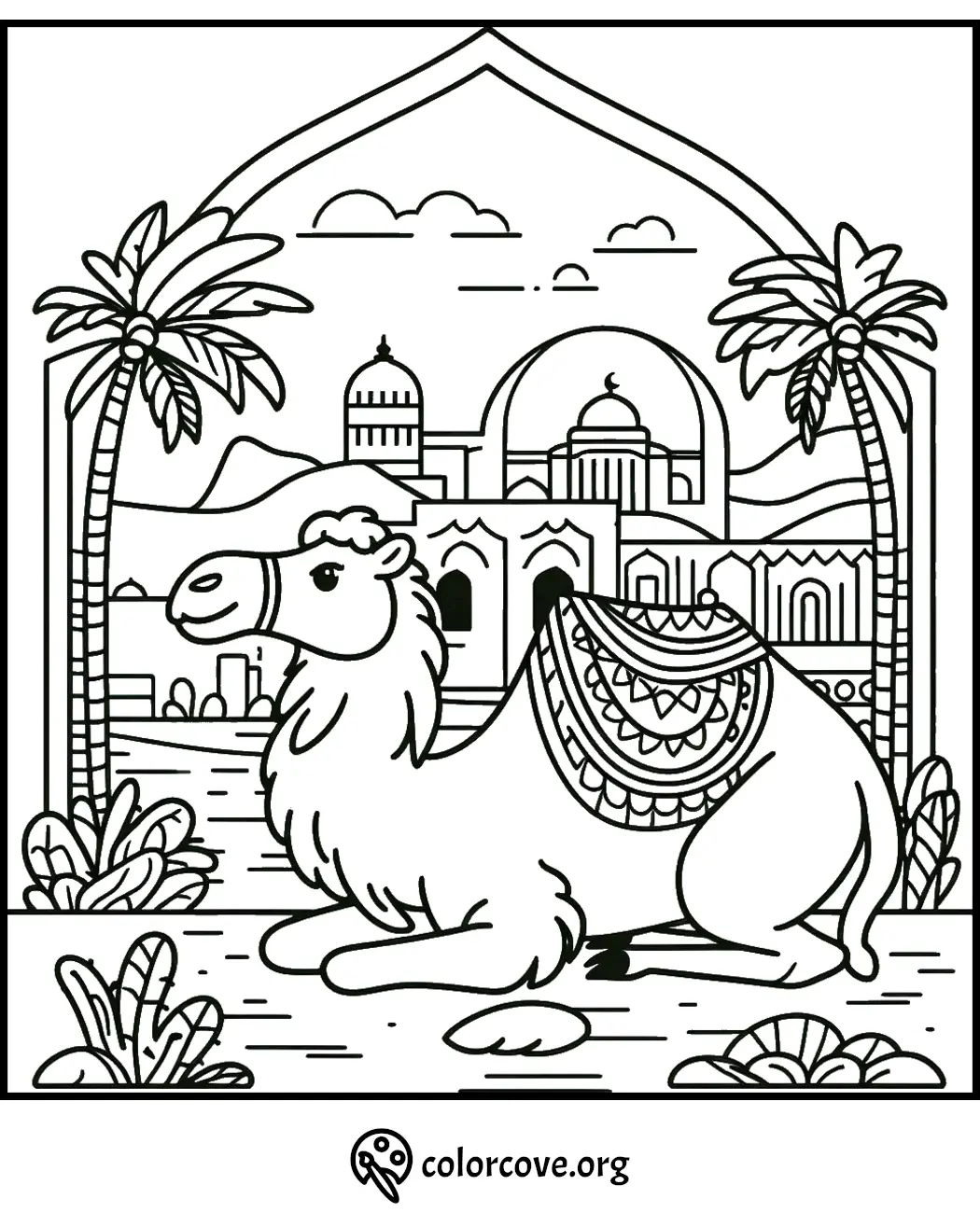 Coloring page with a camel sitting in front of a Middle Eastern palace, palm trees, and decorative archway.