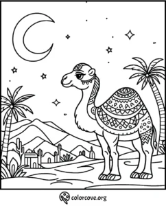Camel coloring page featuring intricate designs and a desert scene with a crescent moon, stars, palm trees, and mountains.