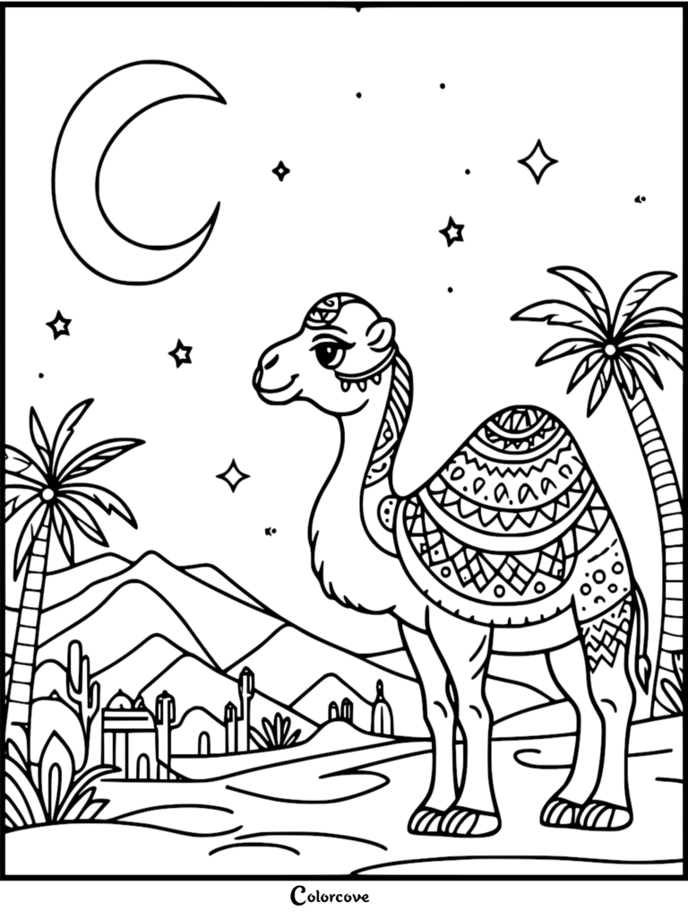 A cute camel with intricate patterns standing in a desert landscape under a crescent moon and stars on a printable coloring page.