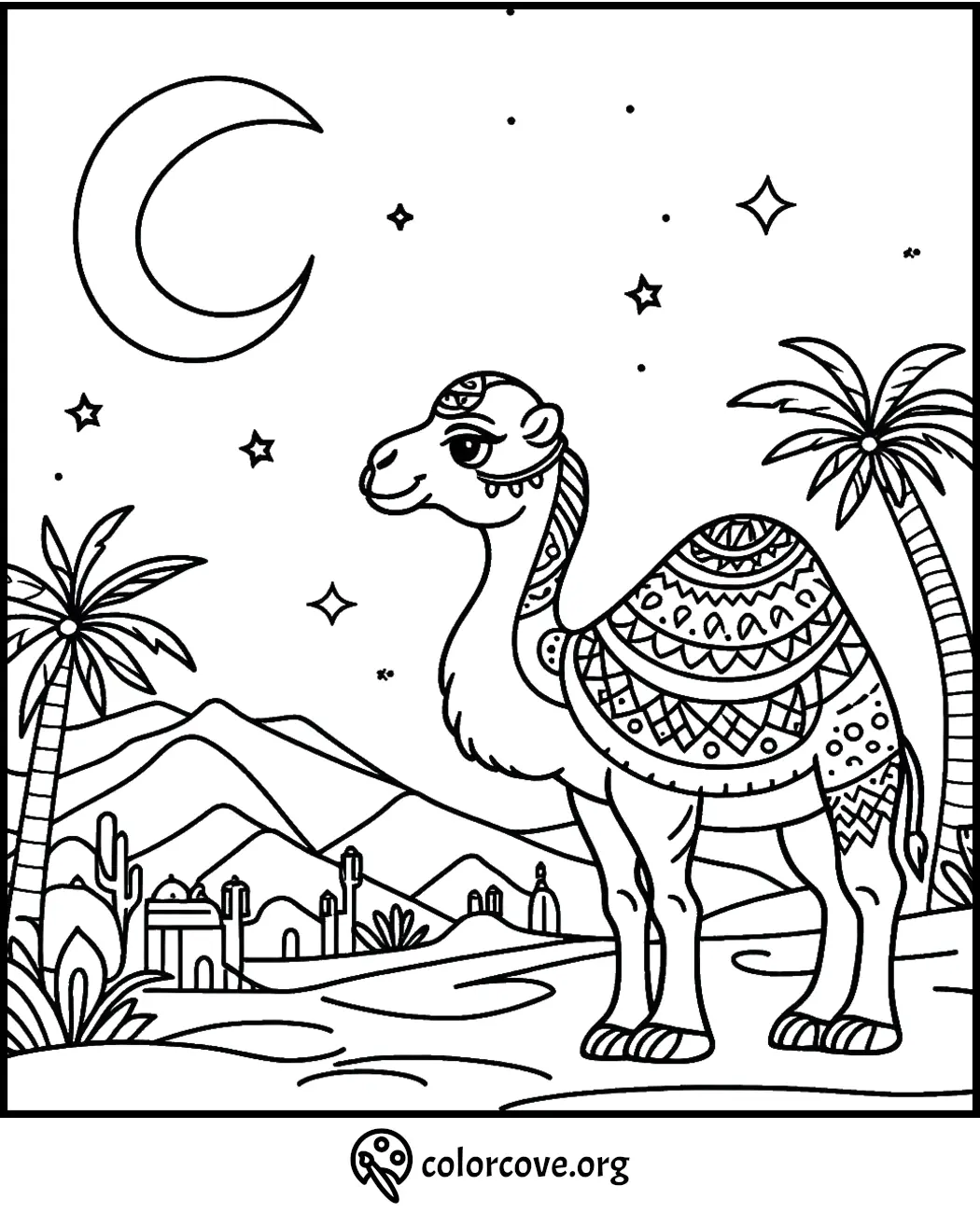 Camel coloring page featuring intricate designs and a desert scene with a crescent moon, stars, palm trees, and mountains.