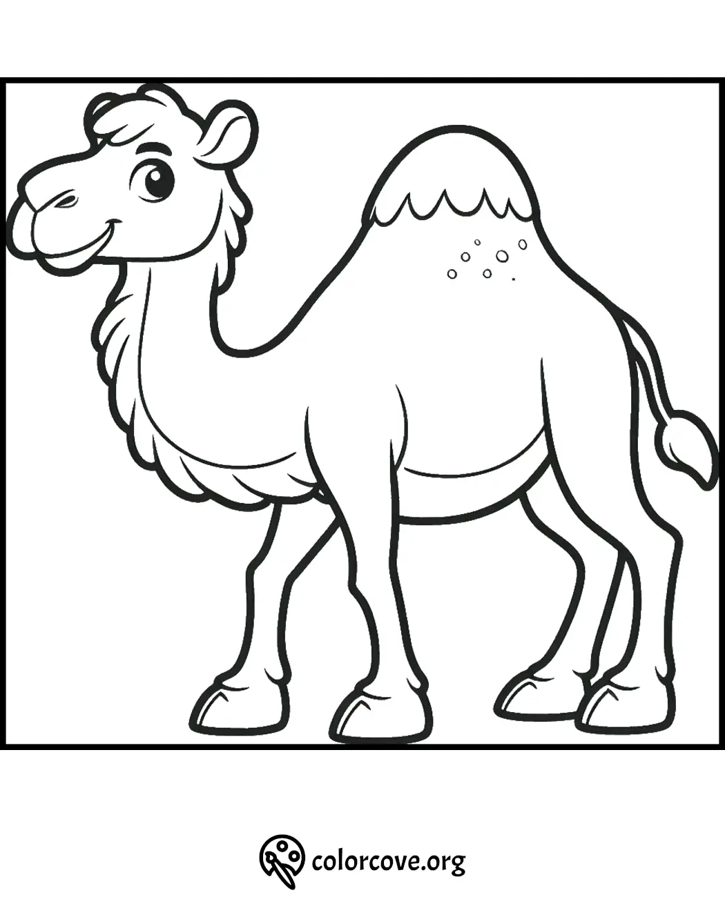 Cute camel coloring page for kids featuring a simple line drawing of a smiling camel with a hump.