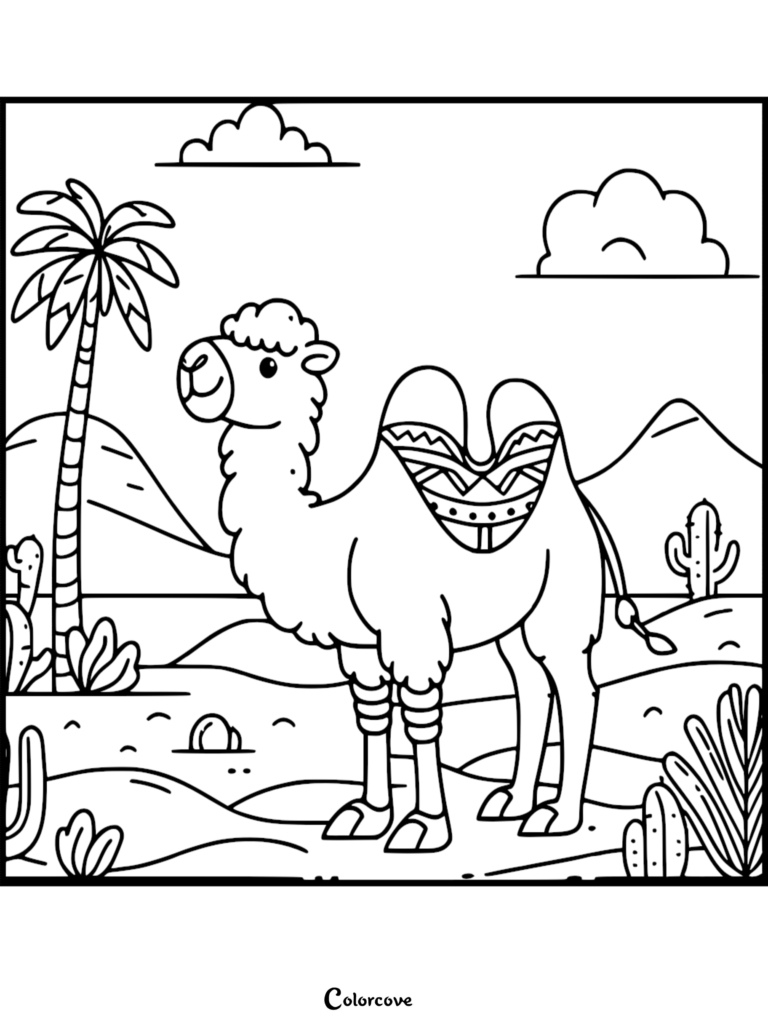 A cute camel with a patterned saddle standing in a desert landscape with palm trees and cacti on this free printable coloring page.