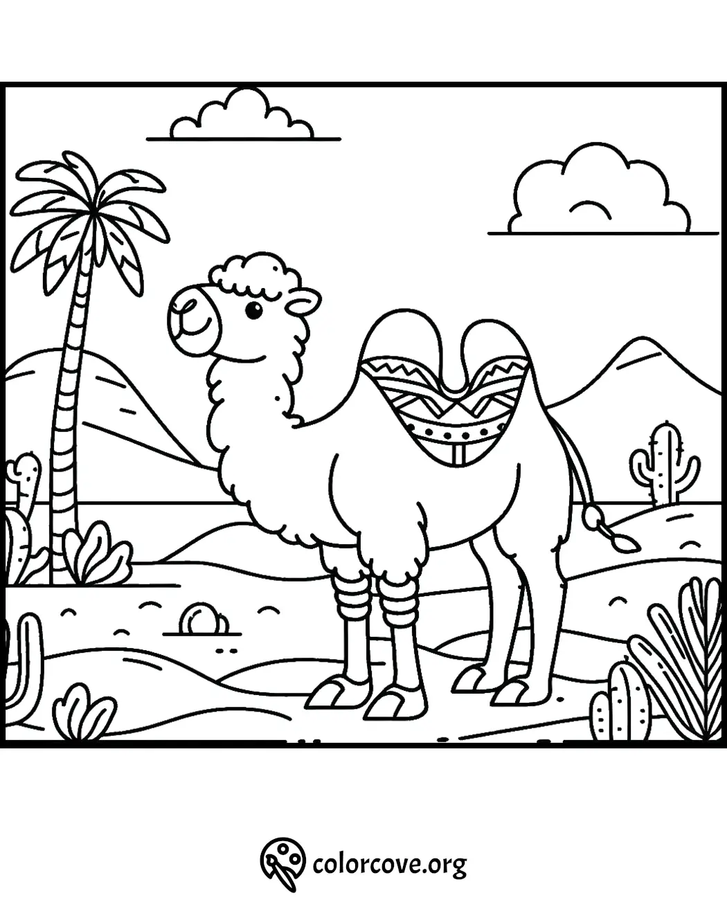 Camel in the desert coloring page with cactus, palm tree, mountains, and clouds in the background.