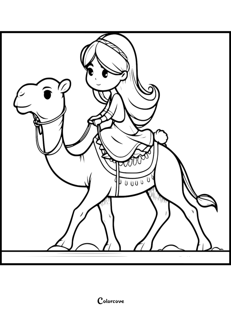 A cute girl with long hair riding a camel in this free printable coloring page.