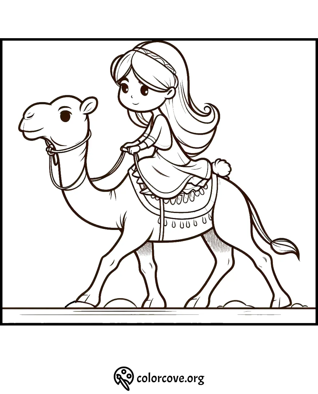 Coloring page of a girl riding a camel; fun and whimsical line art for children's creative activities.